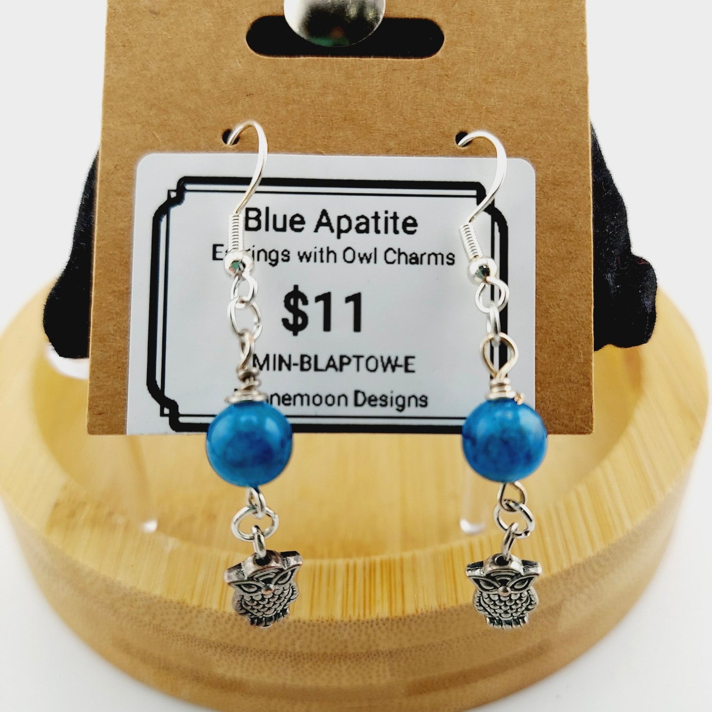 Blue Apatite Earrings w/ Owl charms, french hooks